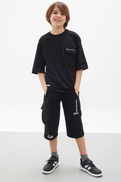 Siyah Göğüs Cep Detaylı Erkek Çocuk Kaprili Takım 18077