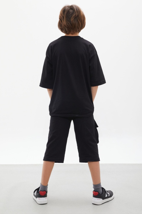 Siyah Göğüs Cep Detaylı Erkek Çocuk Kaprili Takım 18077