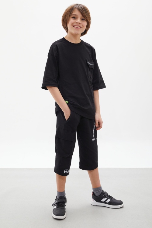 Siyah Göğüs Cep Detaylı Erkek Çocuk Kaprili Takım 18077