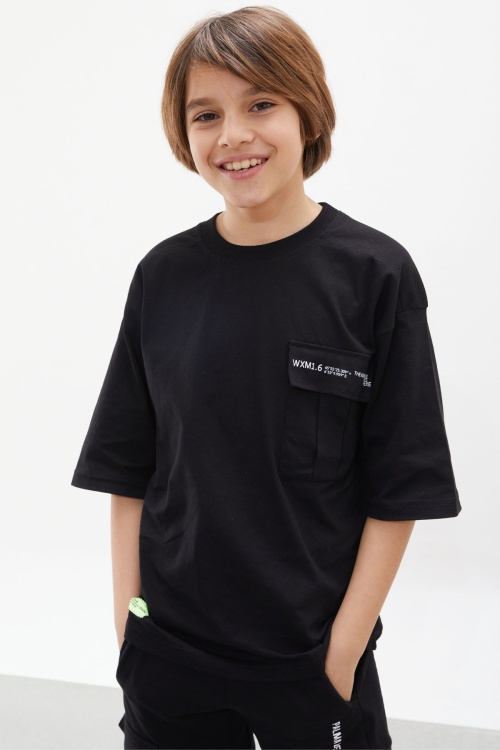 Siyah Göğüs Cep Detaylı Erkek Çocuk Kaprili Takım 18077