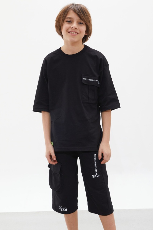 Siyah Göğüs Cep Detaylı Erkek Çocuk Kaprili Takım 18077