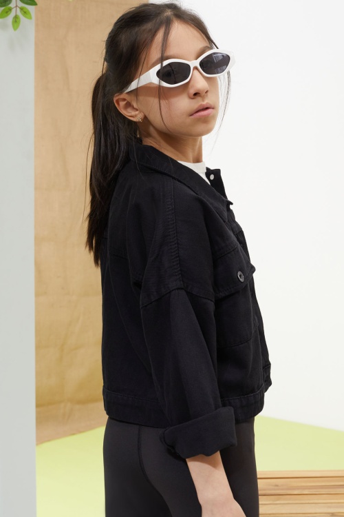 Siyah Göğüs Cepli Düğmeli Kız Çocuk Jean Ceket 18623