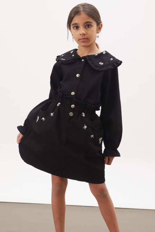 Siyah Jean Gömlekli Çiçek Nakışlı Kot Etekli Kız Takım 17958