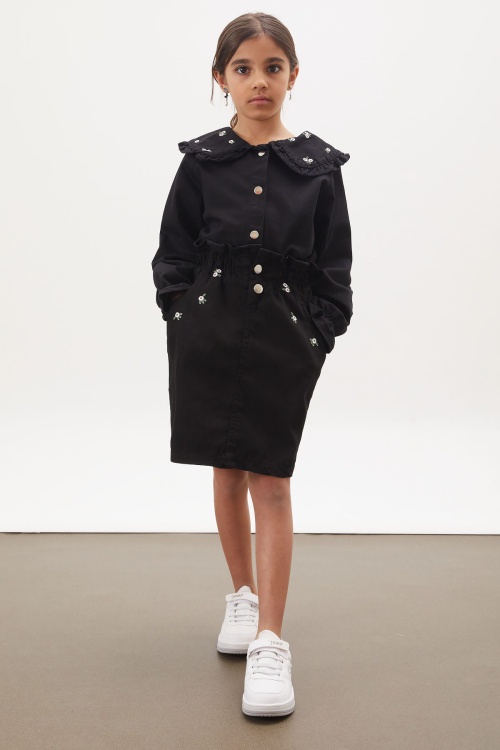 Siyah Jean Gömlekli Çiçek Nakışlı Kot Etekli Kız Takım 17958