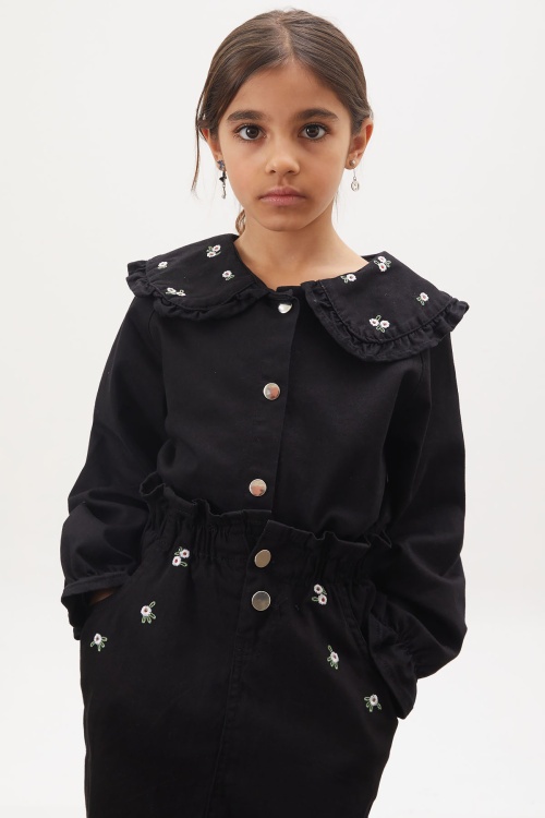 Siyah Jean Gömlekli Çiçek Nakışlı Kot Etekli Kız Takım 17958