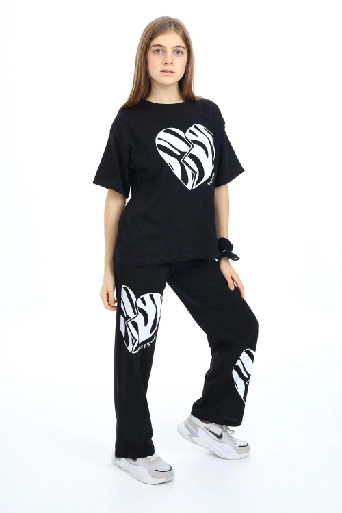 Siyah Kalp Baskılı Kız Çocuk Takım 17889