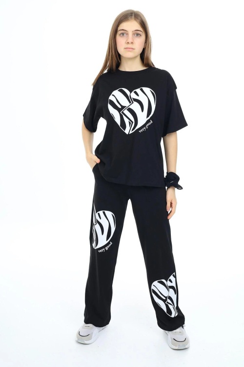 Siyah Kalp Baskılı Kız Çocuk Takım 17889