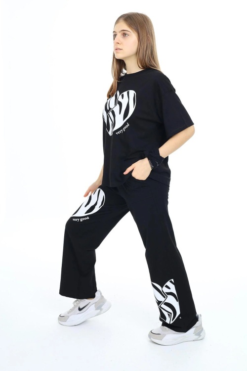 Siyah Kalp Baskılı Kız Çocuk Takım 17889