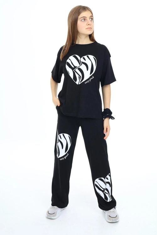 Siyah Kalp Baskılı Kız Çocuk Takım 17889