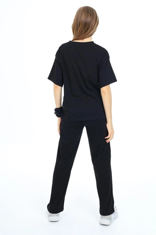 Siyah Kalp Baskılı Kız Çocuk Takım 17889