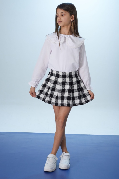 Siyah Kare Desenli Şort Etekli Fiyonklu Gömlekli Kız Çocuk Takım 18400