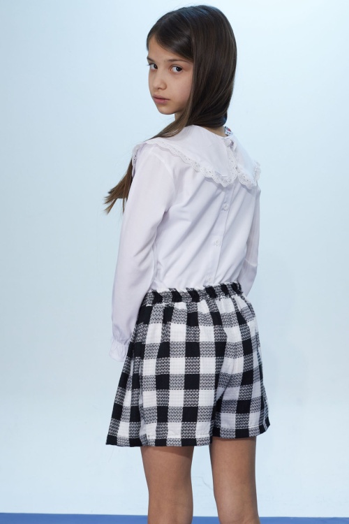 Siyah Kare Desenli Şort Etekli Fiyonklu Gömlekli Kız Çocuk Takım 18400