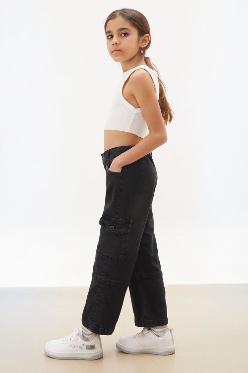 Siyah Kargo Cepli Geniş Paça Kız Jean Pantolon 17710