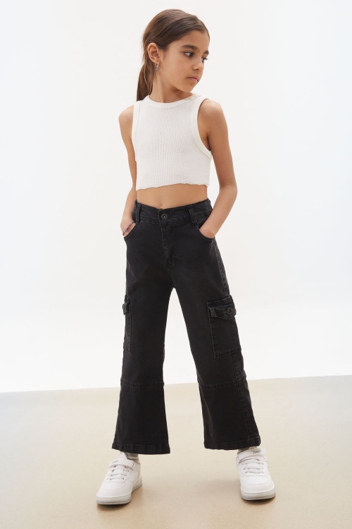 Siyah Kargo Cepli Geniş Paça Kız Jean Pantolon 17710