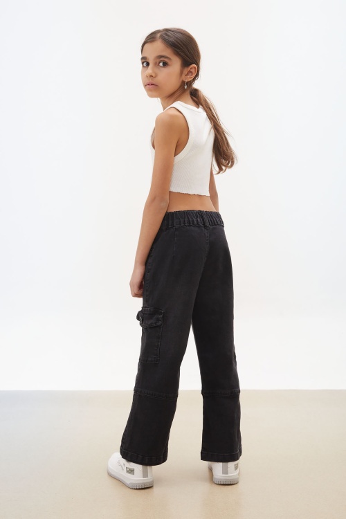 Siyah Kargo Cepli Geniş Paça Kız Jean Pantolon 17710
