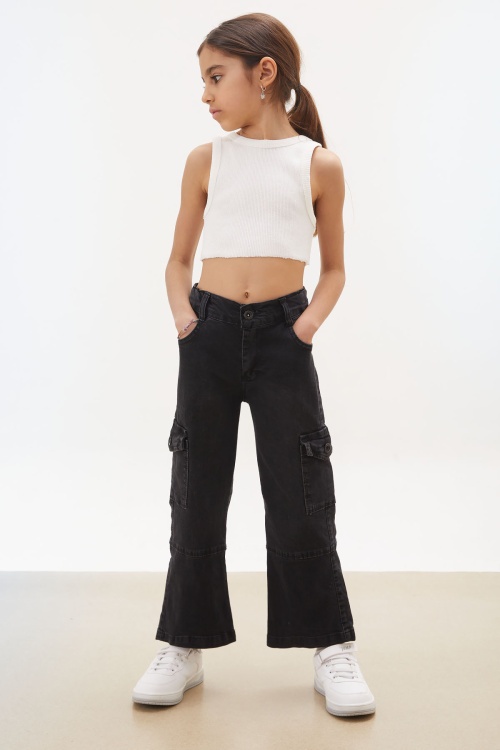 Siyah Kargo Cepli Geniş Paça Kız Jean Pantolon 17710