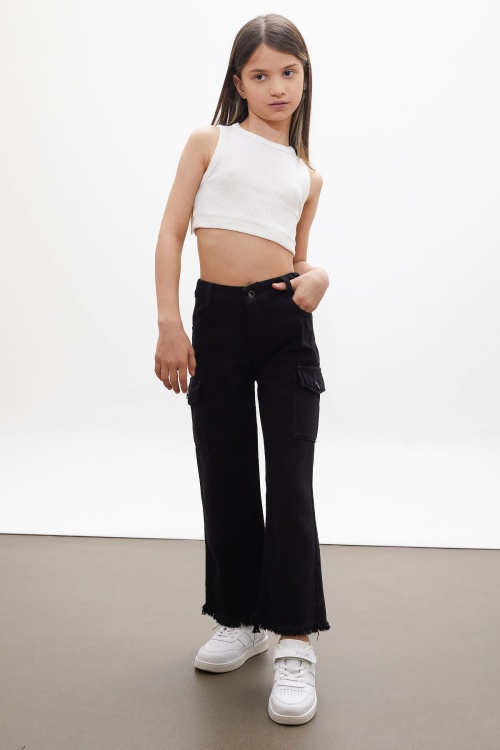 Siyah Kargo Cepli Püsküllü Geniş Paça Kız Jean Pantolon 13-17 Yaş 18248