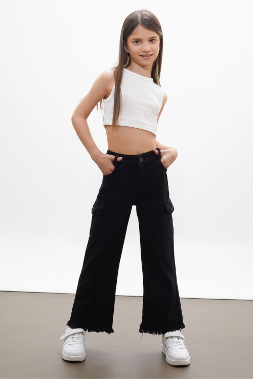 Siyah Kargo Cepli Püsküllü Geniş Paça Kız Jean Pantolon 13-17 Yaş 18248