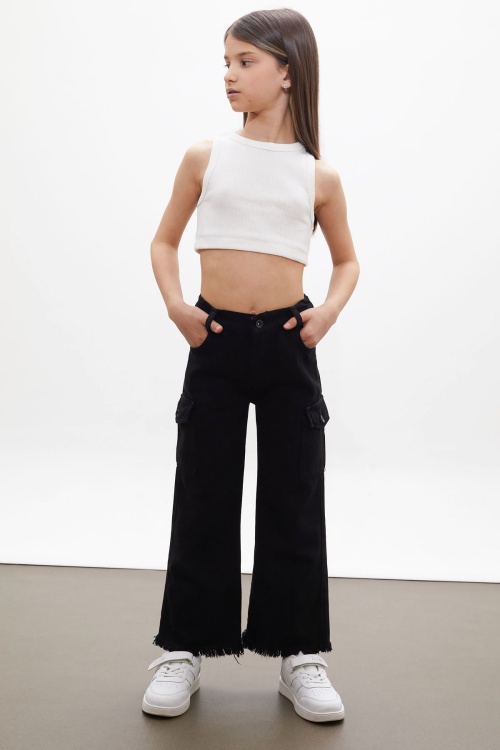 Siyah Kargo Cepli Püsküllü Geniş Paça Kız Jean Pantolon 13-17 Yaş 18248