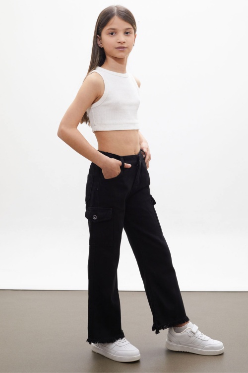 Siyah Kargo Cepli Püsküllü Geniş Paça Kız Jean Pantolon 13-17 Yaş 18248