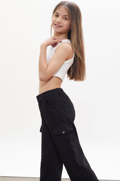 Siyah Kargo Cepli Püsküllü Geniş Paça Kız Jean Pantolon 18229