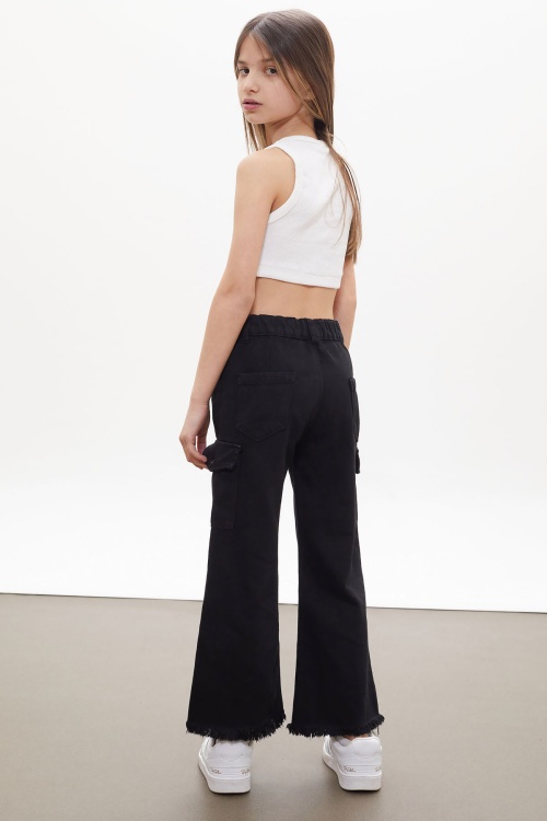 Siyah Kargo Cepli Püsküllü Geniş Paça Kız Jean Pantolon 18229