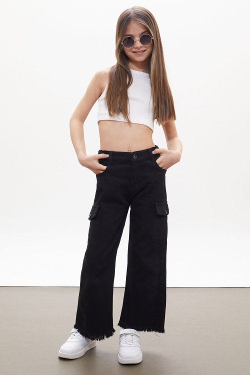 Siyah Kargo Cepli Püsküllü Geniş Paça Kız Jean Pantolon 18229