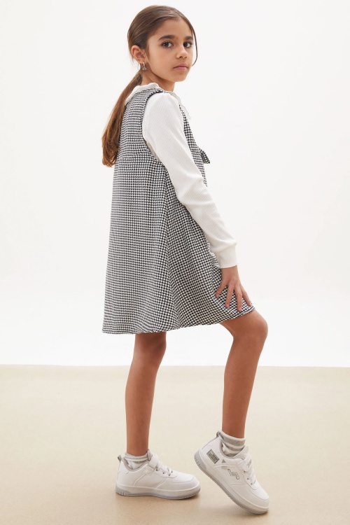 Siyah Kazayağı Desenli Fiyonklu Kız Çocuk Badili Elbise 17651