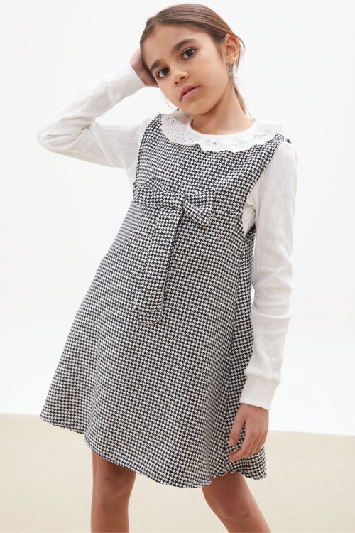 Siyah Kazayağı Desenli Fiyonklu Kız Çocuk Badili Elbise 17651