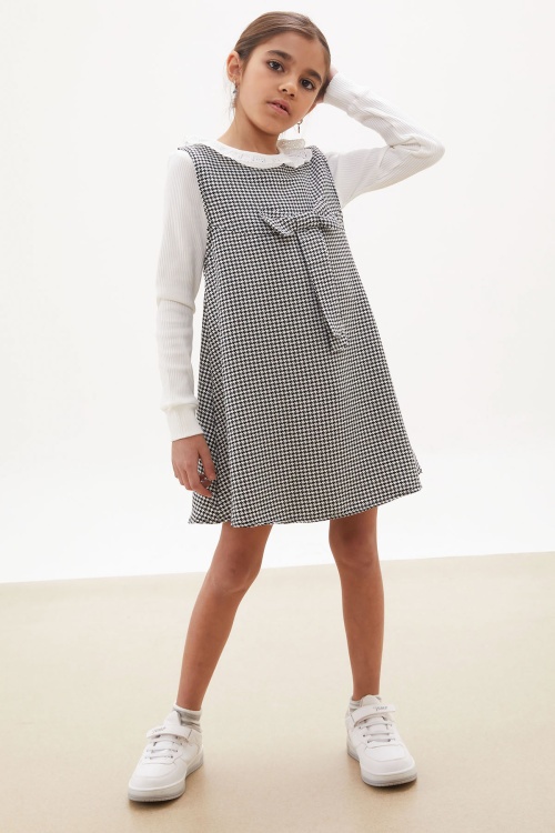 Siyah Kazayağı Desenli Fiyonklu Kız Çocuk Badili Elbise 17651