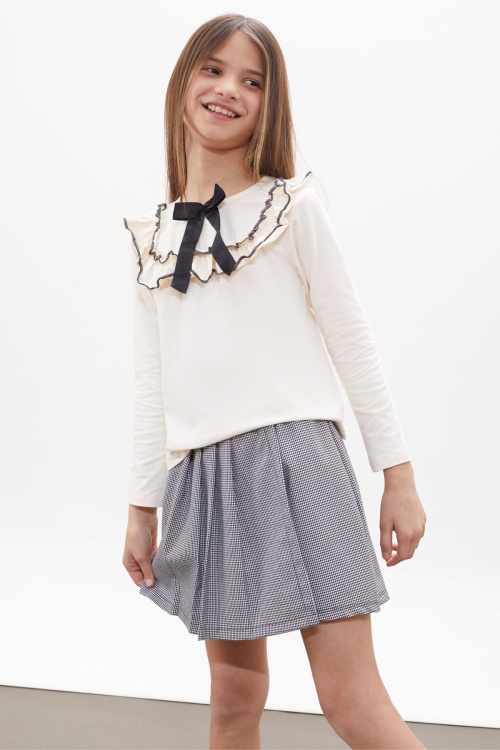 Siyah Kazayağı Desenli Şort Etekli Fiyonklu Bluzlu Kız Çocuk Takım 18265