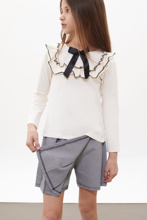 Siyah Kazayağı Desenli Şort Etekli Fiyonklu Bluzlu Kız Çocuk Takım 18265