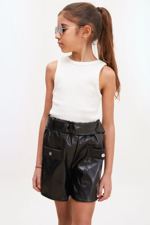 Siyah Kemerli Ön Cepli Kız Çocuk Deri Şort 18216