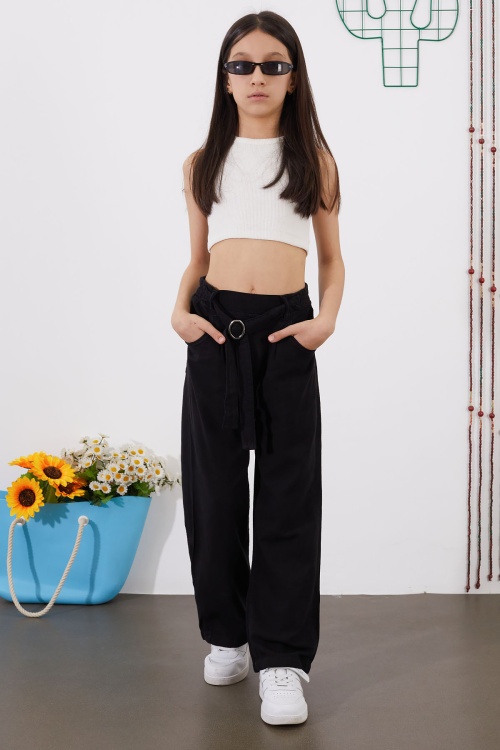 Siyah Kuşaklı Beli Lastikli İspanyol Paça Kız Pantolon 18712