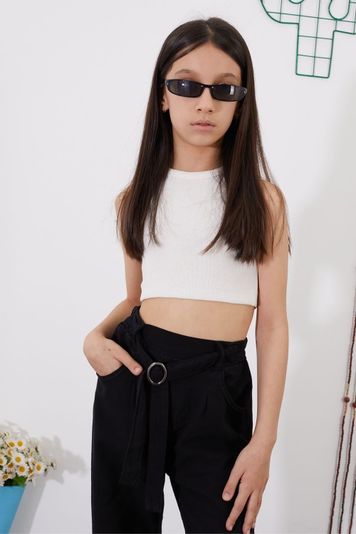 Siyah Kuşaklı Beli Lastikli İspanyol Paça Kız Pantolon 18712