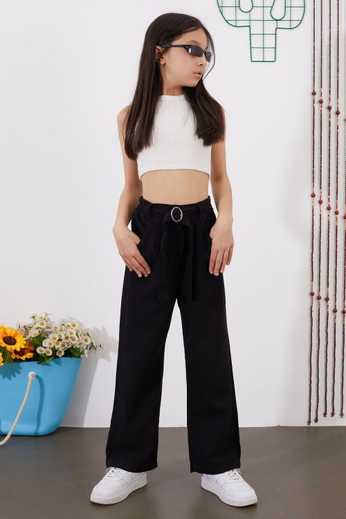 Siyah Kuşaklı Beli Lastikli İspanyol Paça Kız Pantolon 18712