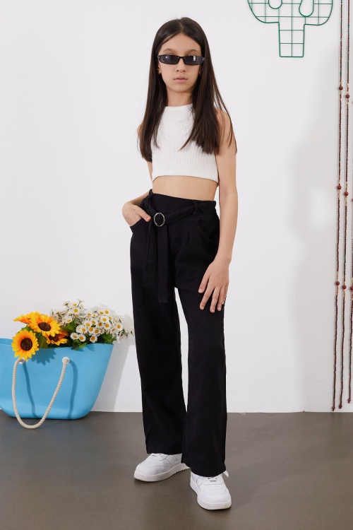 Siyah Kuşaklı Beli Lastikli İspanyol Paça Kız Pantolon 18712