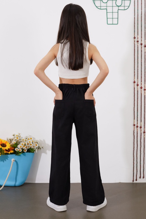 Siyah Kuşaklı Beli Lastikli İspanyol Paça Kız Pantolon 18712