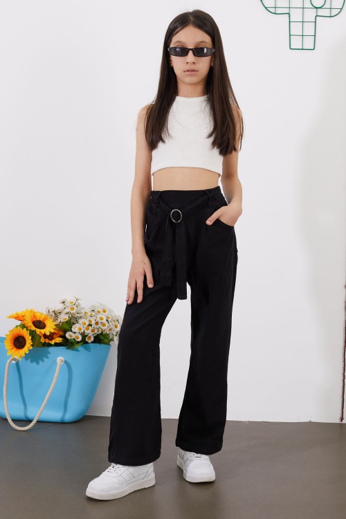 Siyah Kuşaklı Beli Lastikli İspanyol Paça Kız Pantolon 18712