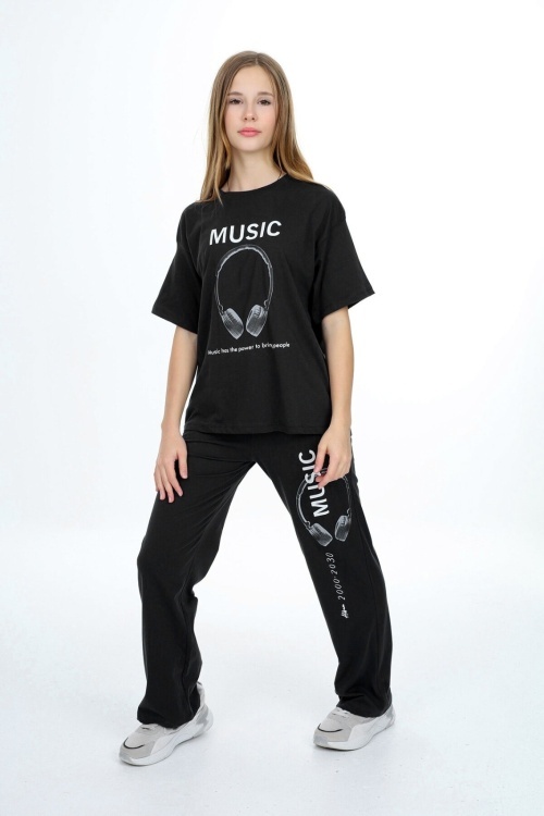 Siyah Music Yazı Baskılı Kız Çocuk Takım 18696