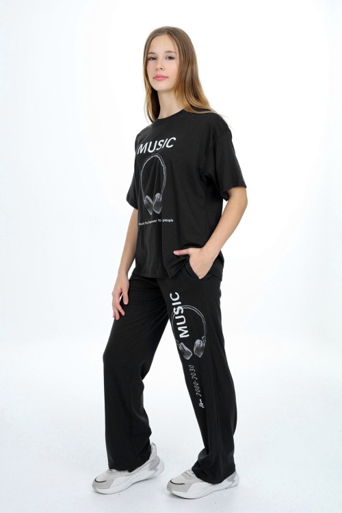 Siyah Music Yazı Baskılı Kız Çocuk Takım 18696