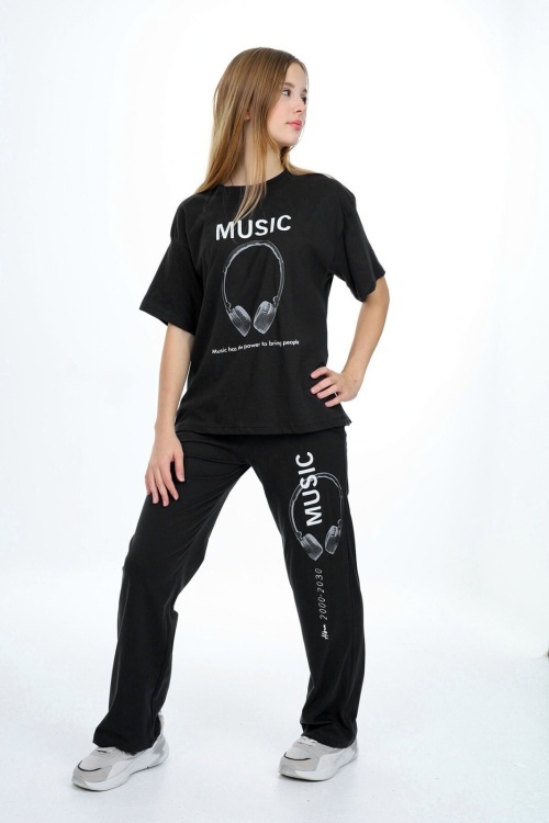Siyah Music Yazı Baskılı Kız Çocuk Takım 18696