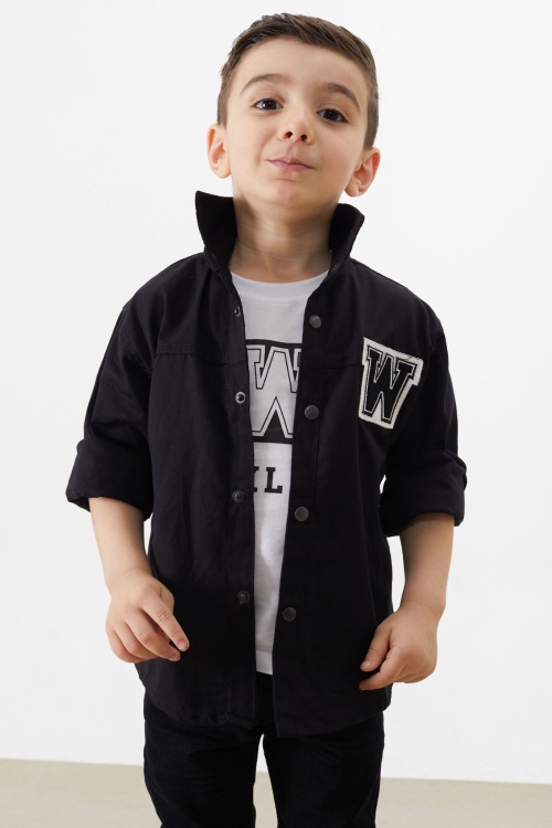 Siyah Nakışlı Jean Gömlekli Tişörtlü Erkek Çocuk 2li Takım 18236