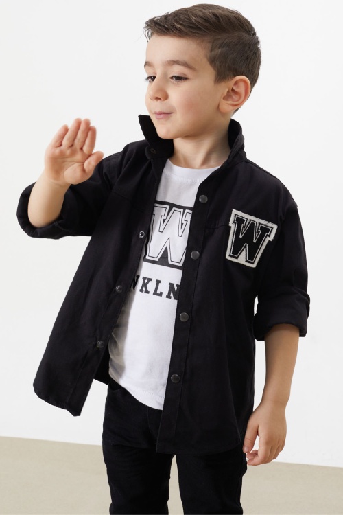 Siyah Nakışlı Jean Gömlekli Tişörtlü Erkek Çocuk 2li Takım 18236