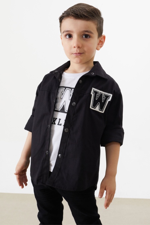 Siyah Nakışlı Jean Gömlekli Tişörtlü Erkek Çocuk 2li Takım 18236