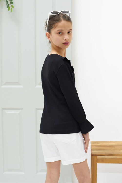 Siyah Omzu Fırfırlı Fitilli Kız Çocuk Uzun Kollu Badi 18549