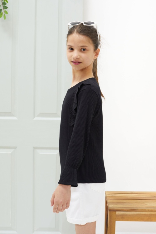 Siyah Omzu Fırfırlı Fitilli Kız Çocuk Uzun Kollu Badi 18549