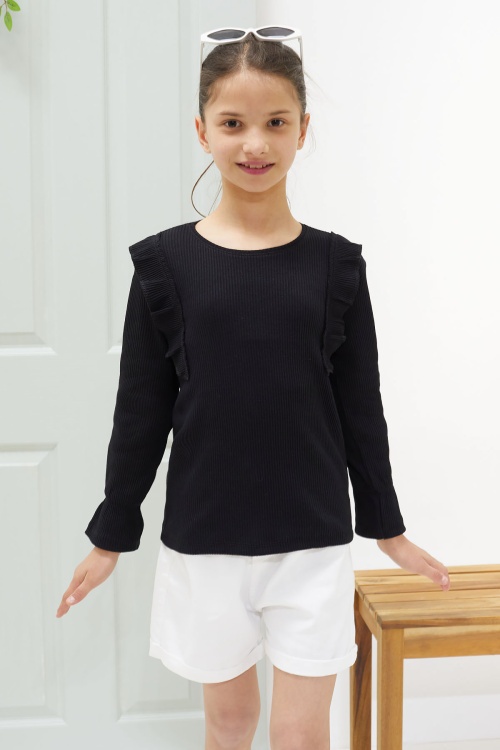 Siyah Omzu Fırfırlı Fitilli Kız Çocuk Uzun Kollu Badi 18549