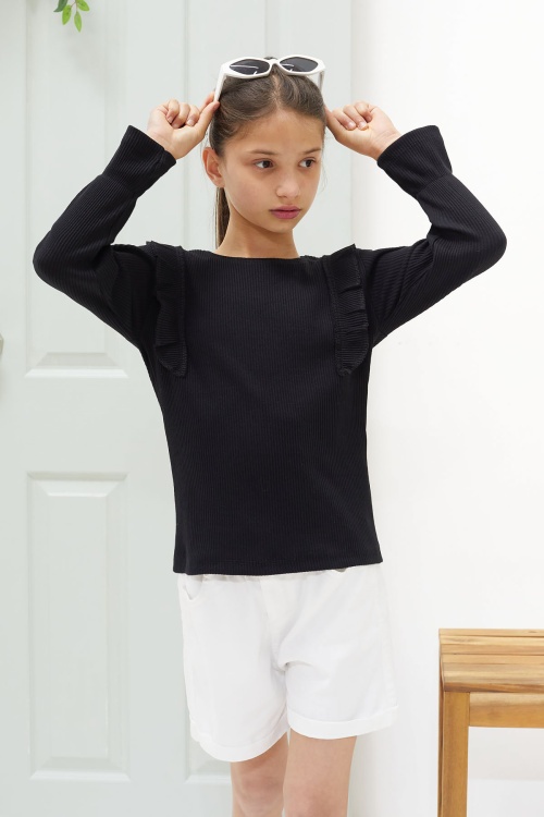 Siyah Omzu Fırfırlı Fitilli Kız Çocuk Uzun Kollu Badi 18549