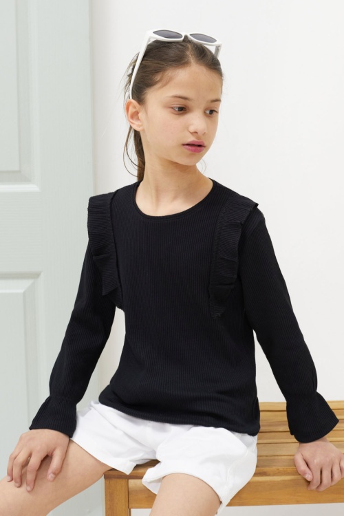 Siyah Omzu Fırfırlı Fitilli Kız Çocuk Uzun Kollu Badi 18549